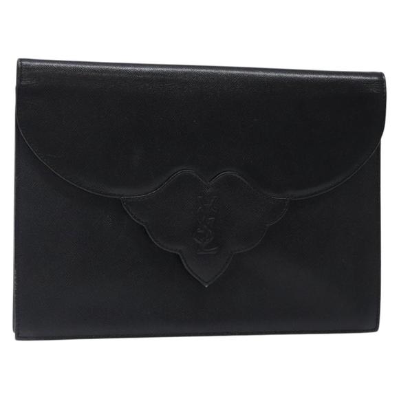 SAINT LAURENT Clutch Bag Leather Black Gold Auth 132325 - Picture 1 of 16